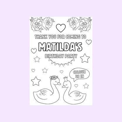 A6 Colouring Sheets | Personalised Swan Colouring Sheets | Party Bag Favours