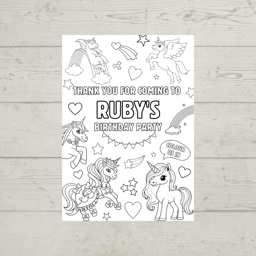 A6 Colouring Sheets | Personalised Unicorn Colouring Sheets | Party Bag Favours