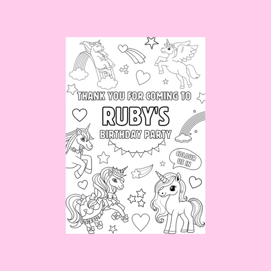 A6 Colouring Sheets | Personalised Unicorn Colouring Sheets | Party Bag Favours