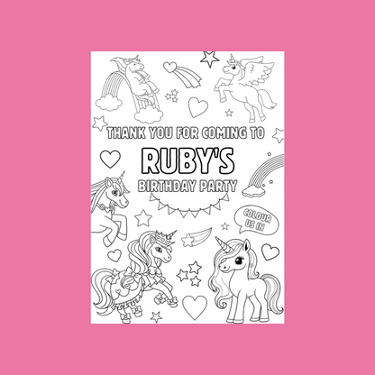 A6 Colouring Sheets | Personalised Unicorn Colouring Sheets | Party Bag Favours