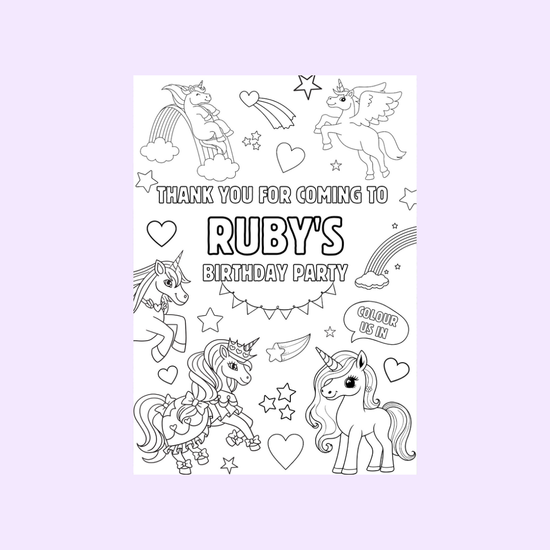 A6 Colouring Sheets | Personalised Unicorn Colouring Sheets | Party Bag Favours