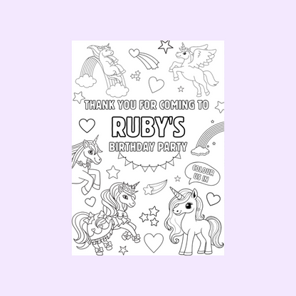 A6 Colouring Sheets | Personalised Unicorn Colouring Sheets | Party Bag Favours