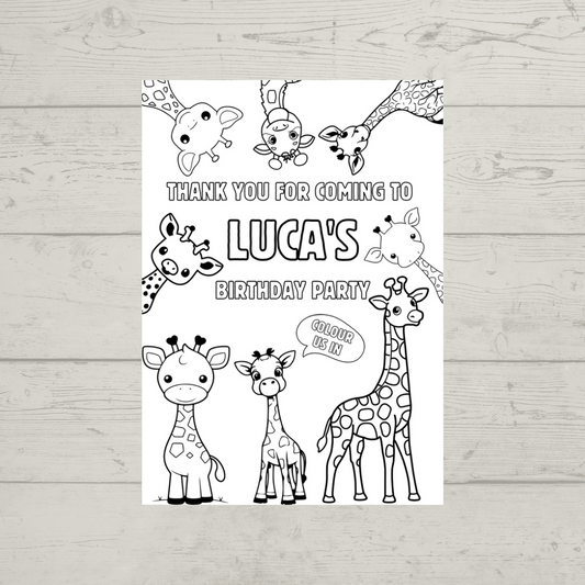 A6 Colouring Sheets | Personalised Giraffe Colouring Sheets | Party Bag Favours