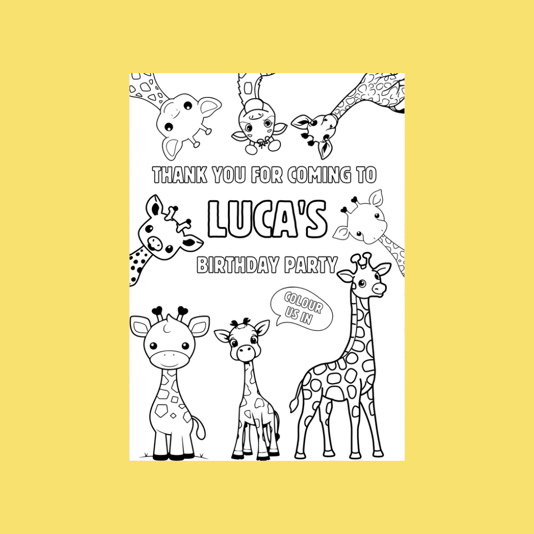 A6 Colouring Sheets | Personalised Giraffe Colouring Sheets | Party Bag Favours