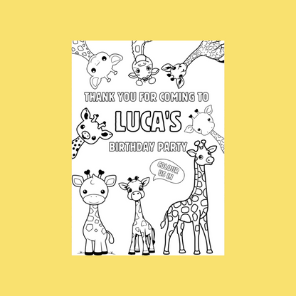 A6 Colouring Sheets | Personalised Giraffe Colouring Sheets | Party Bag Favours