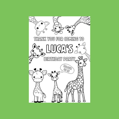 A6 Colouring Sheets | Personalised Giraffe Colouring Sheets | Party Bag Favours