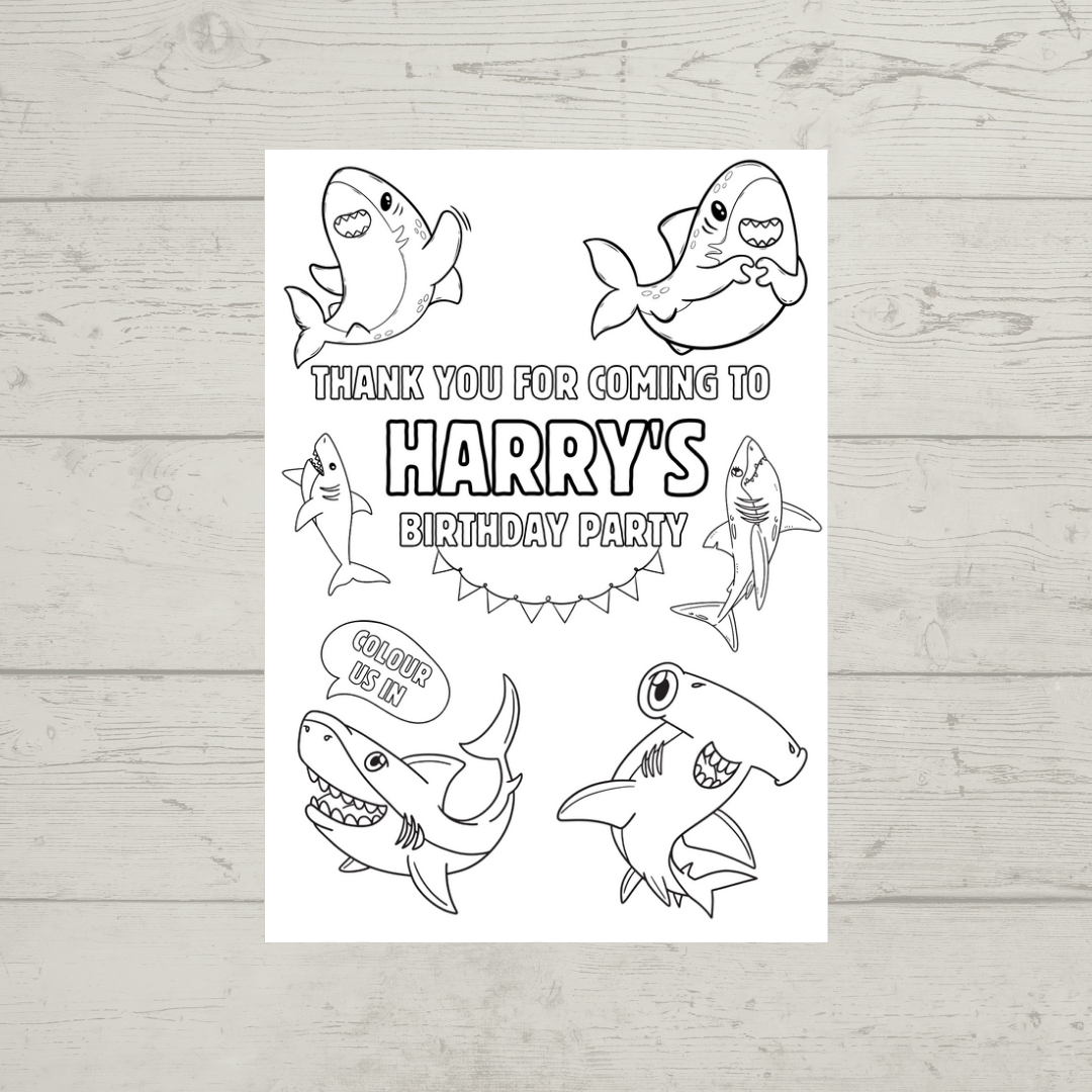 A6 Colouring Sheets | Personalised Shark Colouring Sheets | Party Bag Favours | Design 2