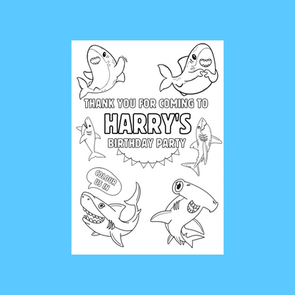 A6 Colouring Sheets | Personalised Shark Colouring Sheets | Party Bag Favours | Design 2