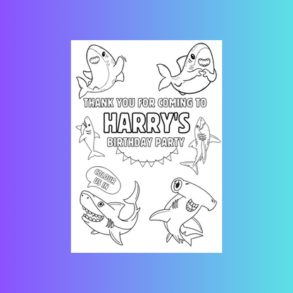 A6 Colouring Sheets | Personalised Shark Colouring Sheets | Party Bag Favours | Design 2