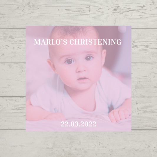 White Text Photo Square Personalised Photo Stickers | Various Sizes | Christening, Birthday, Party Stickers | Event Stickers