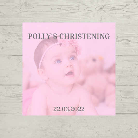 Grey Text Photo Square Personalised Photo Stickers | Various Sizes | Christening, Birthday, Party Stickers | Event Stickers