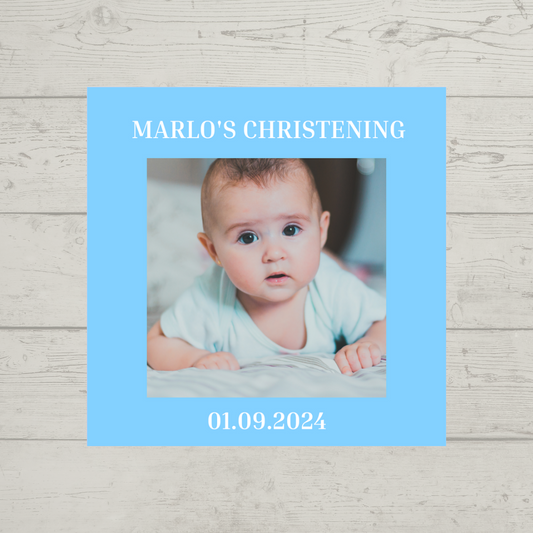 Blue Square Personalised Photo Stickers | Various Sizes | Christening, Birthday, Party Stickers | Event Stickers