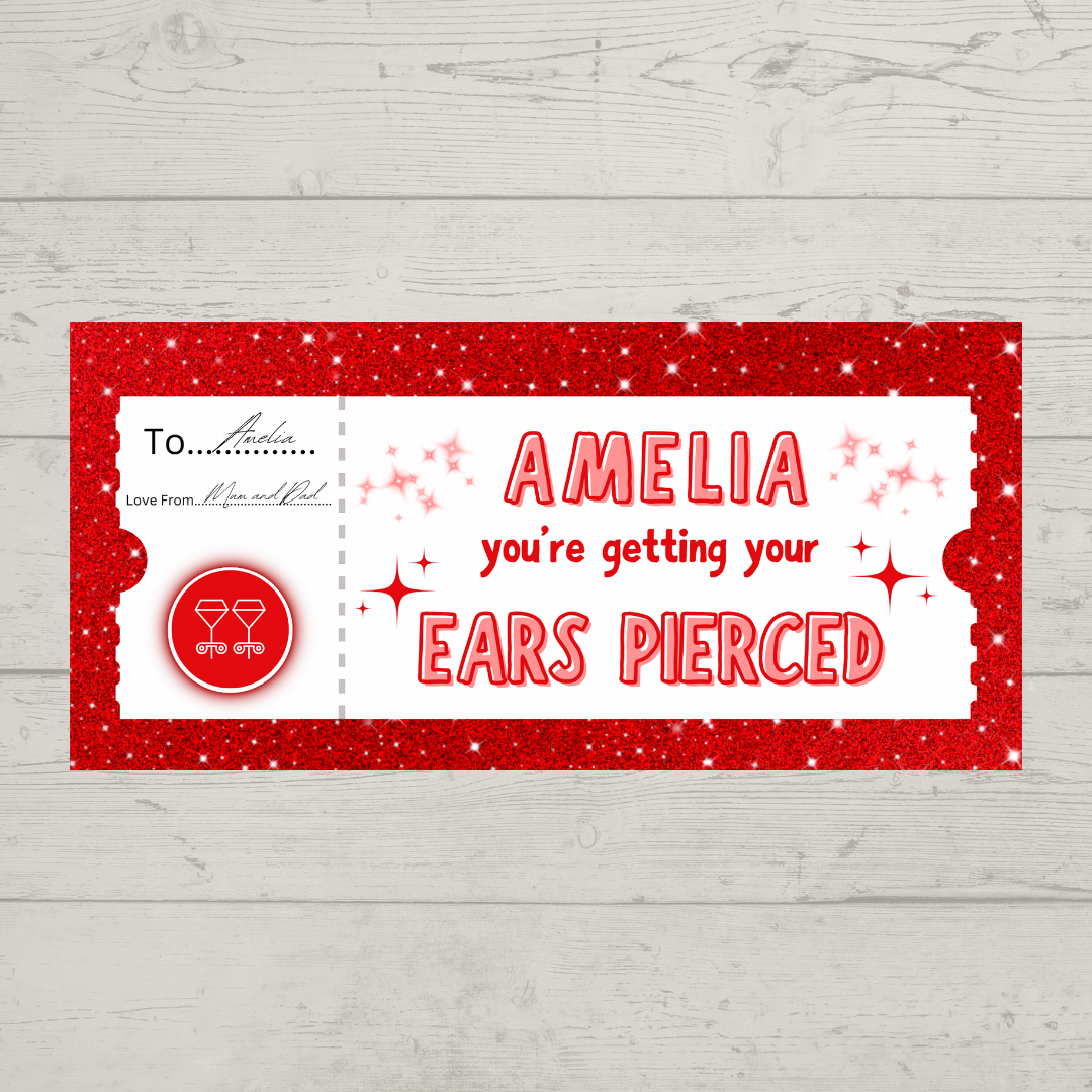 Surprise Ticket Print | Personalised Red Ear Piercing Ticket Gift Voucher | Gift Idea