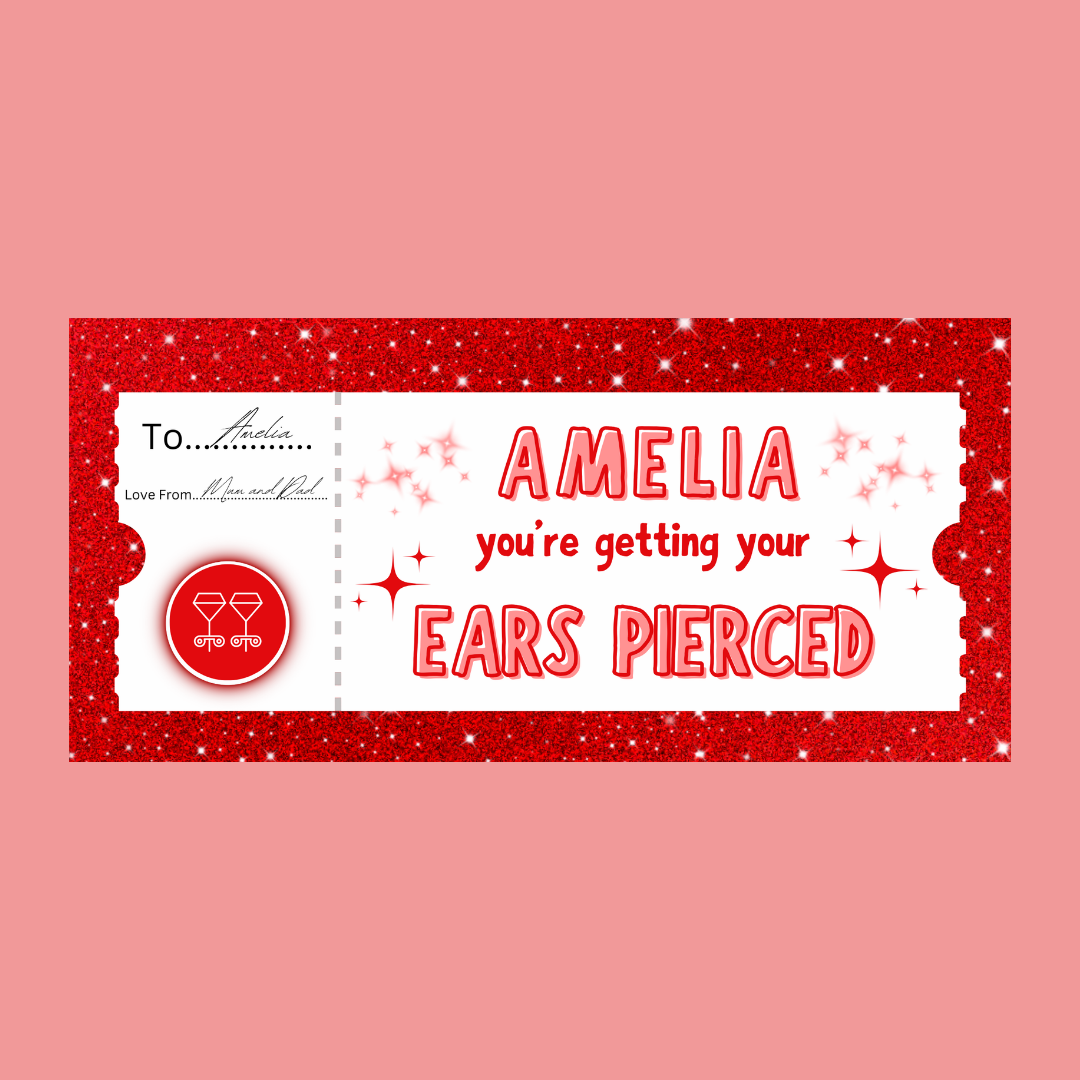 Surprise Ticket Print | Personalised Red Ear Piercing Ticket Gift Voucher | Gift Idea