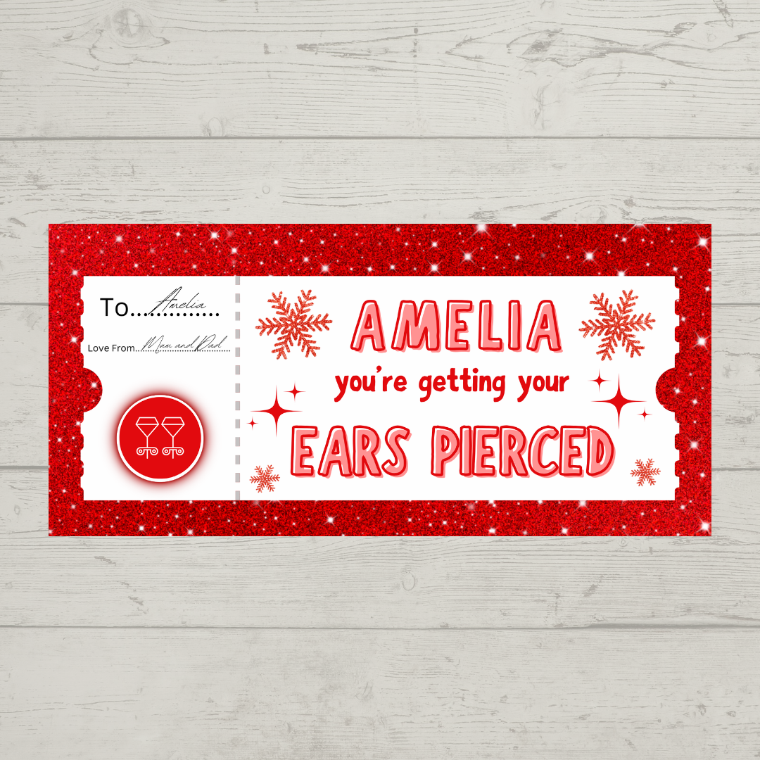 Surprise Ticket Print | Personalised Red Ear Piercing Ticket Gift Voucher | Gift Idea