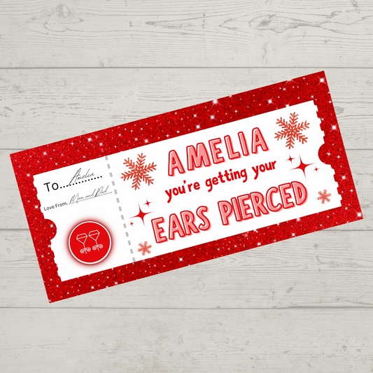 Surprise Ticket Print | Personalised Red Ear Piercing Ticket Gift Voucher | Gift Idea