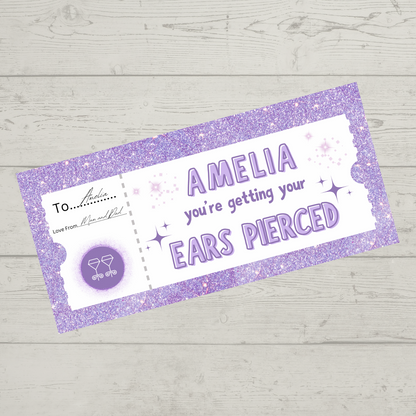 Surprise Ticket Print | Personalised Lilac Ear Piercing Ticket Gift Voucher | Gift Idea