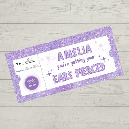 Surprise Ticket Print | Personalised Lilac Ear Piercing Ticket Gift Voucher | Gift Idea