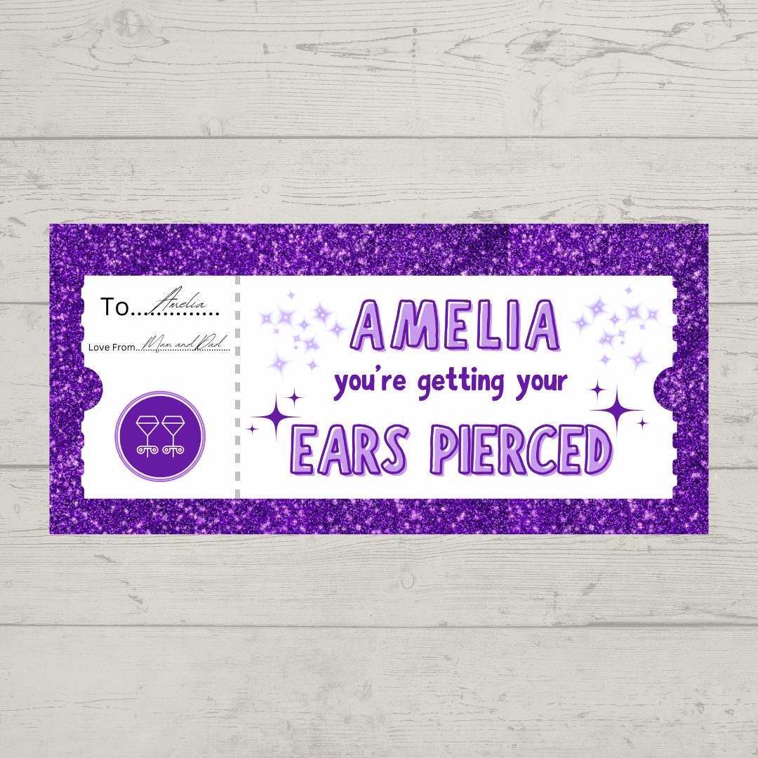 Surprise Ticket Print | Personalised Purple Ear Piercing Ticket Gift Voucher | Gift Idea