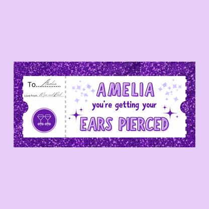 Surprise Ticket Print | Personalised Purple Ear Piercing Ticket Gift Voucher | Gift Idea