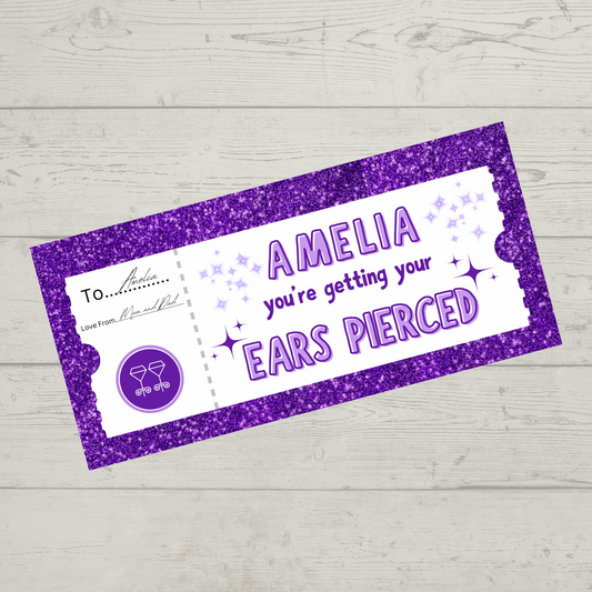 Surprise Ticket Print | Personalised Purple Ear Piercing Ticket Gift Voucher | Gift Idea