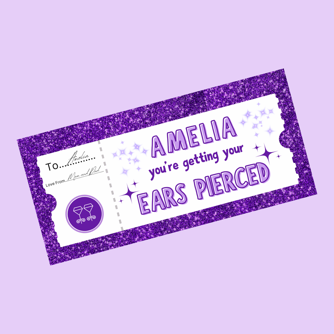 Surprise Ticket Print | Personalised Purple Ear Piercing Ticket Gift Voucher | Gift Idea