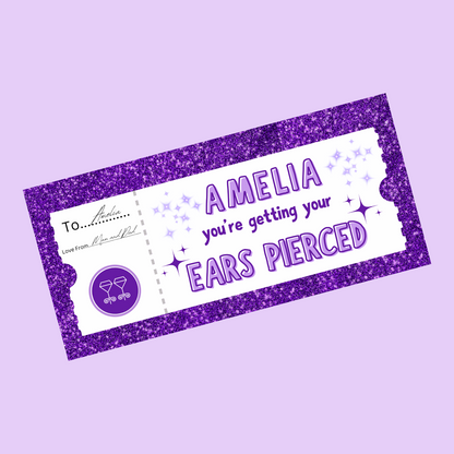 Surprise Ticket Print | Personalised Purple Ear Piercing Ticket Gift Voucher | Gift Idea