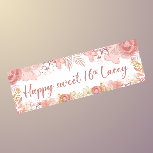 Blush Pink Gold Floral Banner | Personalised Blush Pink Gold Floral Birthday, Baby Shower, Christening Party Banner | Blush Pink Gold Floral Party Theme