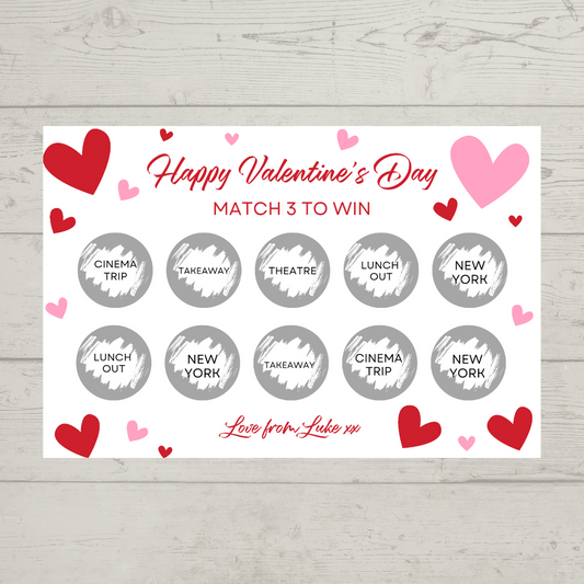 Valentines Day Surprise Match 3 Ticket Print | Personalised Valentine Ticket | Valentine Fun Scratch Reveal | Gift Idea (Design 1)