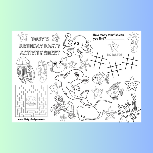 A4 Colouring Activity Sheets | Personalised Under The Sea Activity Sheets | Party Bag Favours | Party Placemats