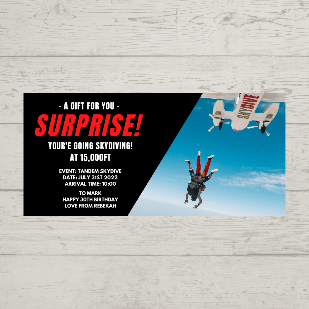 Surprise Ticket Print | Personalised Skydiving Ticket Voucher | Gift Idea