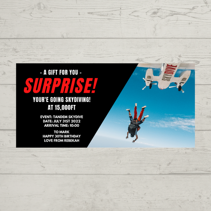 Surprise Ticket Print | Personalised Skydiving Ticket Voucher | Gift Idea