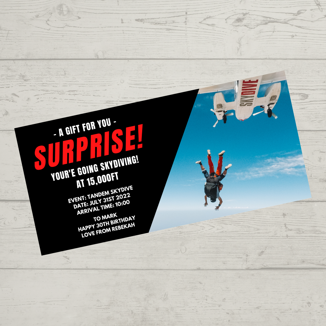 Surprise Ticket Print | Personalised Skydiving Ticket Voucher | Gift Idea