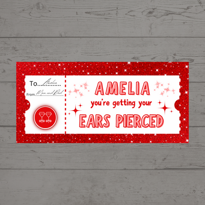 Surprise Ticket Print | Personalised Red Ear Piercing Ticket Gift Voucher | Gift Idea