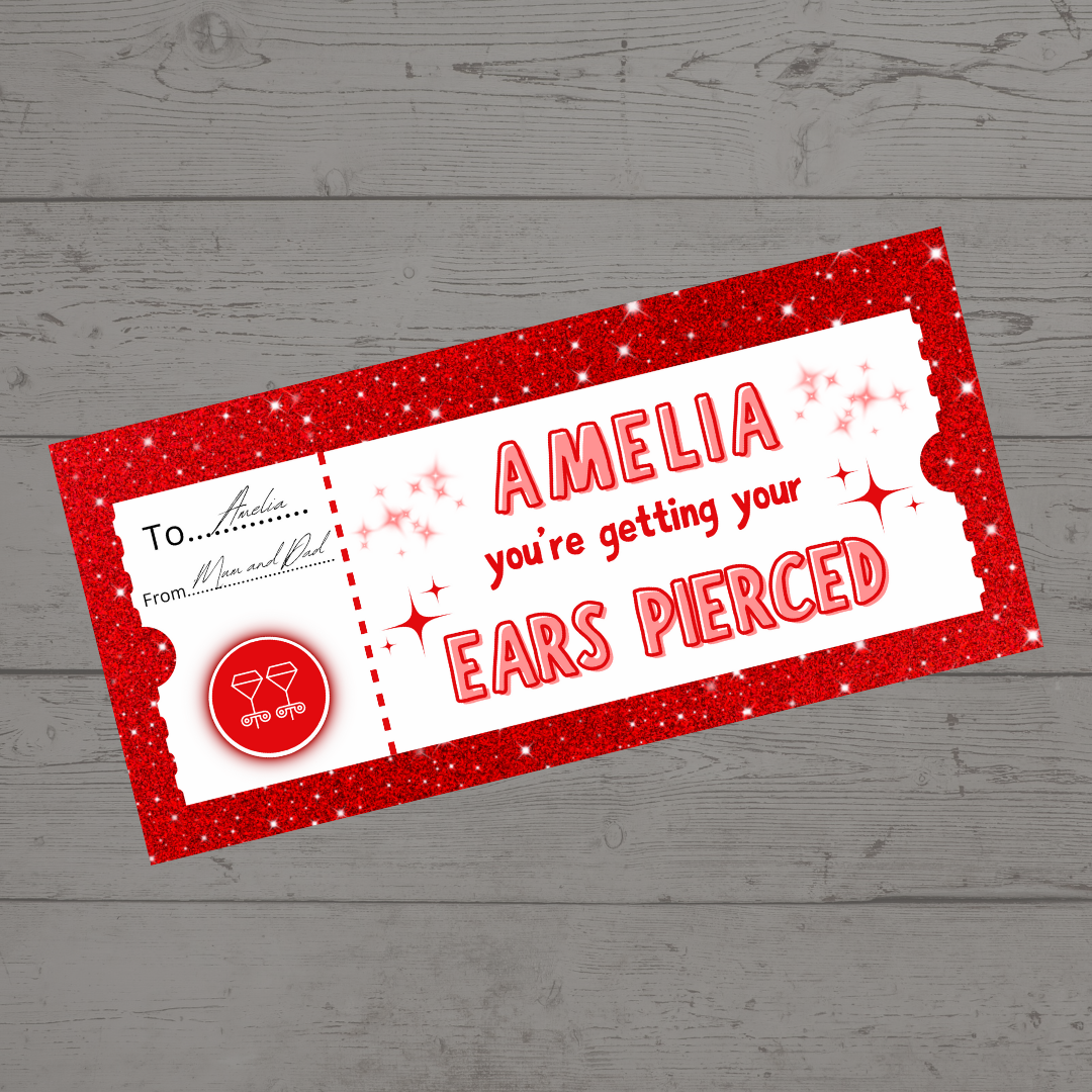 Surprise Ticket Print | Personalised Red Ear Piercing Ticket Gift Voucher | Gift Idea