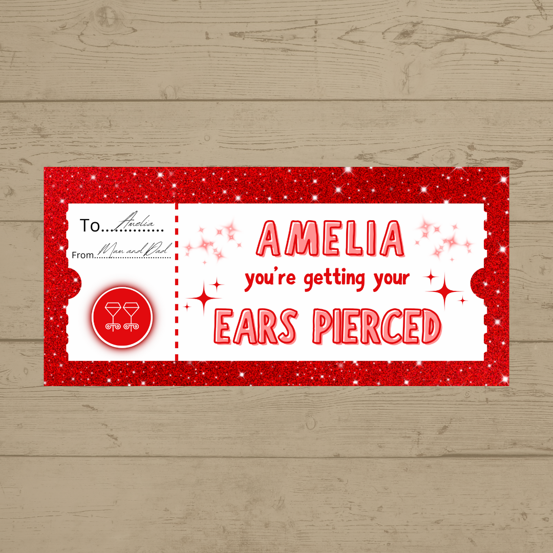 Surprise Ticket Print | Personalised Red Ear Piercing Ticket Gift Voucher | Gift Idea