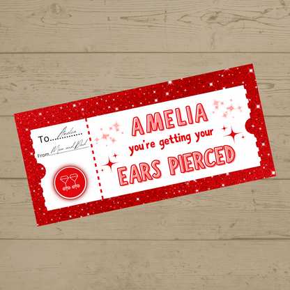 Surprise Ticket Print | Personalised Red Ear Piercing Ticket Gift Voucher | Gift Idea