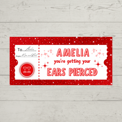 Surprise Ticket Print | Personalised Red Ear Piercing Ticket Gift Voucher | Gift Idea