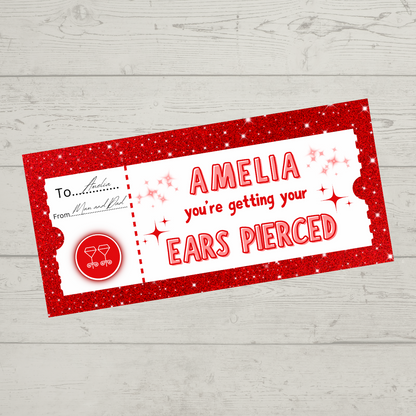 Surprise Ticket Print | Personalised Red Ear Piercing Ticket Gift Voucher | Gift Idea