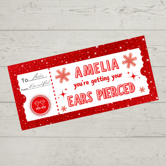 Surprise Ticket Print | Personalised Red Snowflake Ear Piercing Ticket Gift Voucher | Gift Idea