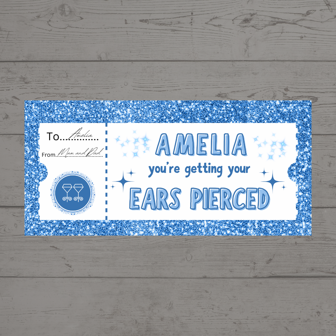 Surprise Ticket Print | Personalised Blue Ear Piercing Ticket Gift Voucher | Gift Idea