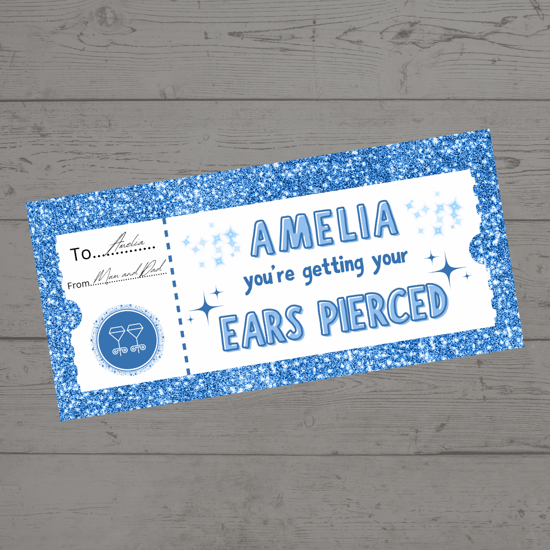 Surprise Ticket Print | Personalised Blue Ear Piercing Ticket Gift Voucher | Gift Idea