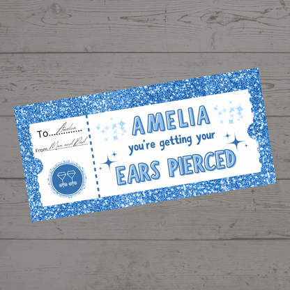 Surprise Ticket Print | Personalised Blue Ear Piercing Ticket Gift Voucher | Gift Idea