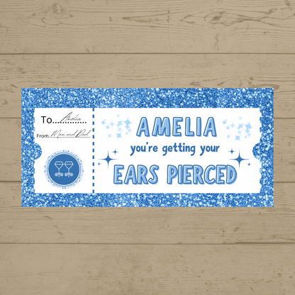 Surprise Ticket Print | Personalised Blue Ear Piercing Ticket Gift Voucher | Gift Idea