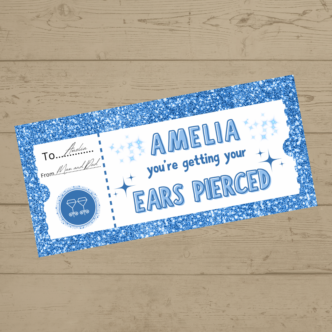 Surprise Ticket Print | Personalised Blue Ear Piercing Ticket Gift Voucher | Gift Idea