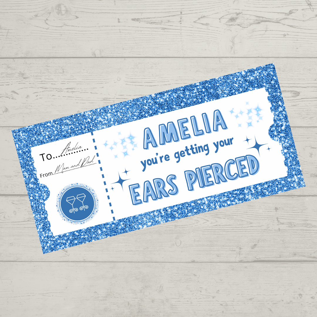 Surprise Ticket Print | Personalised Blue Ear Piercing Ticket Gift Voucher | Gift Idea