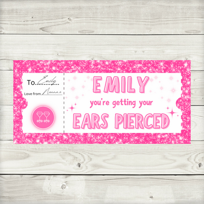 Surprise Ticket Print | Personalised Pink Ear Piercing Ticket Gift Voucher | Gift Idea