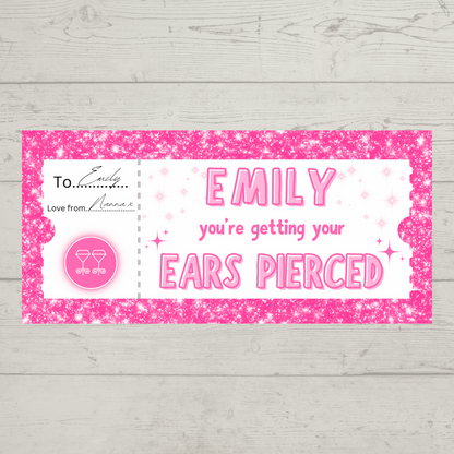 Surprise Ticket Print | Personalised Pink Ear Piercing Ticket Gift Voucher | Gift Idea