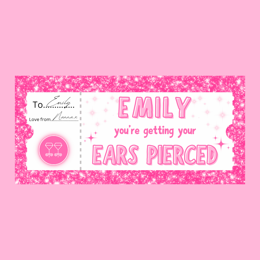 Surprise Ticket Print | Personalised Pink Ear Piercing Ticket Gift Voucher | Gift Idea