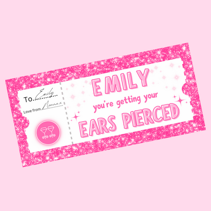 Surprise Ticket Print | Personalised Pink Ear Piercing Ticket Gift Voucher | Gift Idea